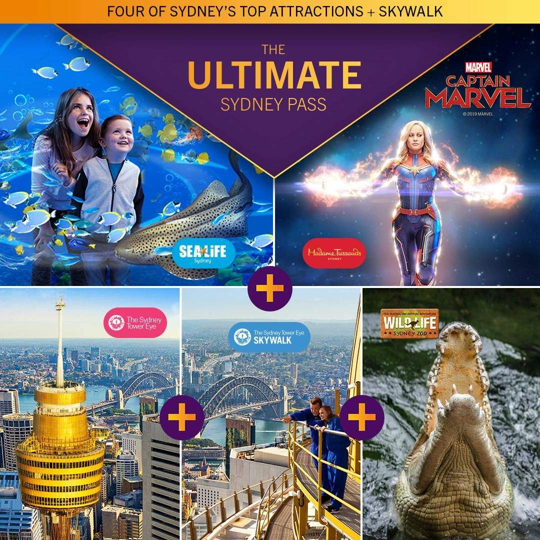 Sydney: Ultimate Pass with 5 Attractions Promotional collage for "The Ultimate Sydney Pass," featuring SEA LIFE, Madame Tussauds, Captain Marvel, Sydney Tower Eye, Skywalk, and WILD LIFE Sydney Zoo.