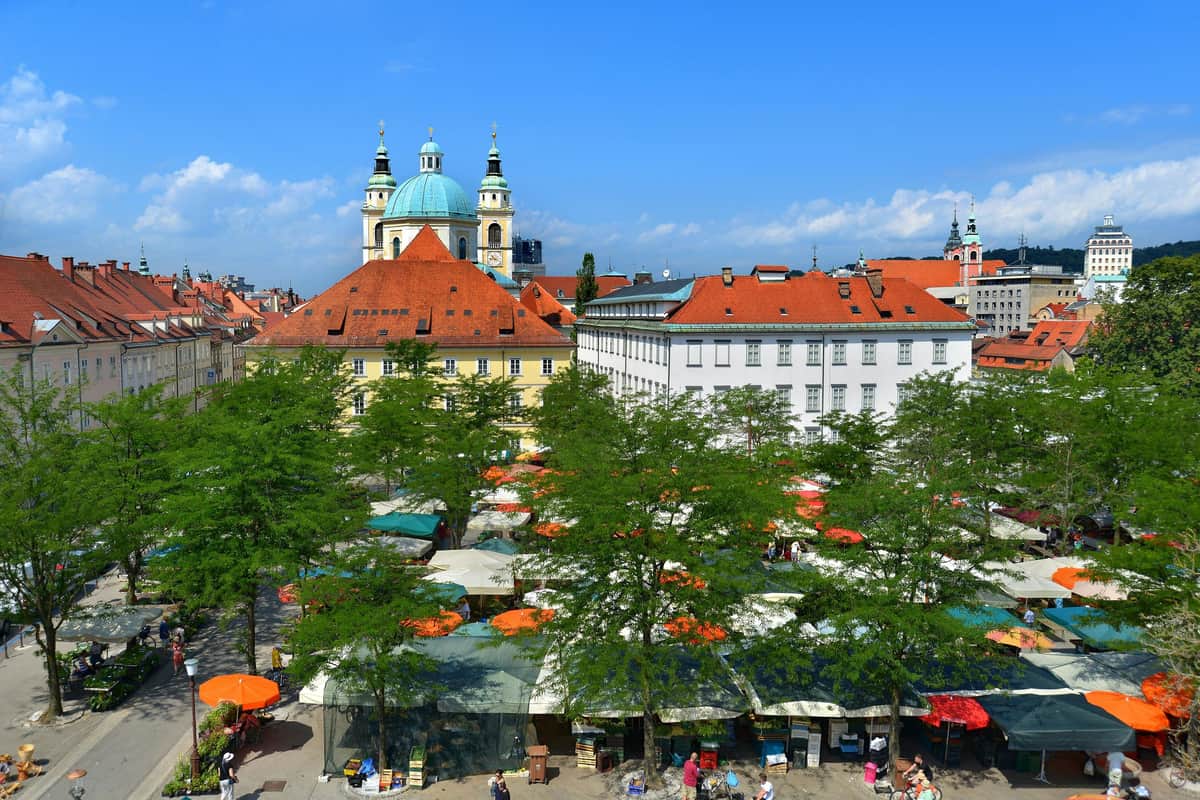 Ljubljana City Center & Ljubljana Castle: Guided Tour An outdoor market with stalls beneath trees, set in a plaza surrounded by colorful buildings and a prominent church with green domes.