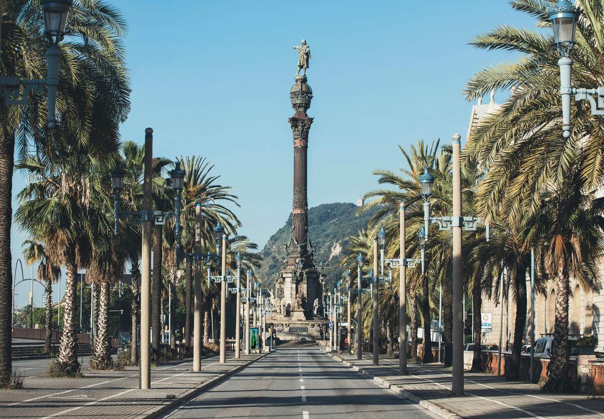 Columbus Monument Lookout A tall monument with a statue at the top, lined with palm trees and streetlights along a wide, empty street.