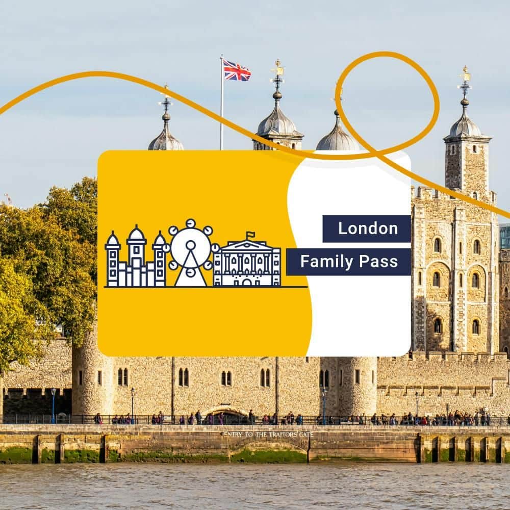 London: Family Pass Yellow and white London Family Pass card with illustrations of landmarks, in front of the Tower of London and the River Thames.