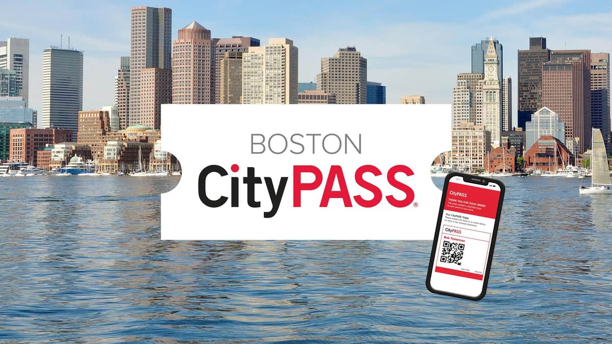 Boston CityPASS® Boston skyline with tall buildings, water in the foreground, and a "Boston CityPASS" ticket and mobile pass shown.