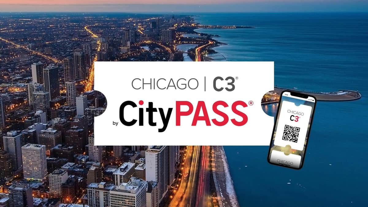 Chicago C3® CityPASS®: 3 Attractions of your choice Aerial view of Chicago at dusk with illuminated buildings and roads, overlaid with "Chicago C3 by CityPASS" text and a card image.