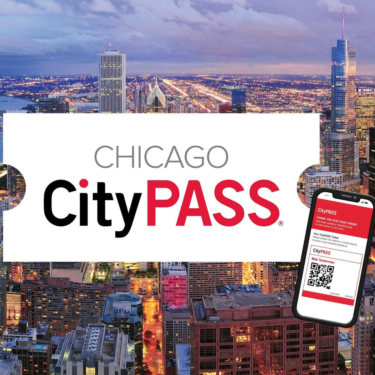 Chicago CityPASS® Chicago CityPASS logo over a cityscape showing Chicago's skyline at dusk, with a smartphone displaying the CityPASS ticket.