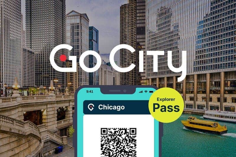 Chicago Explorer Pass displaying on a smartphone with the river and architecture in the background
