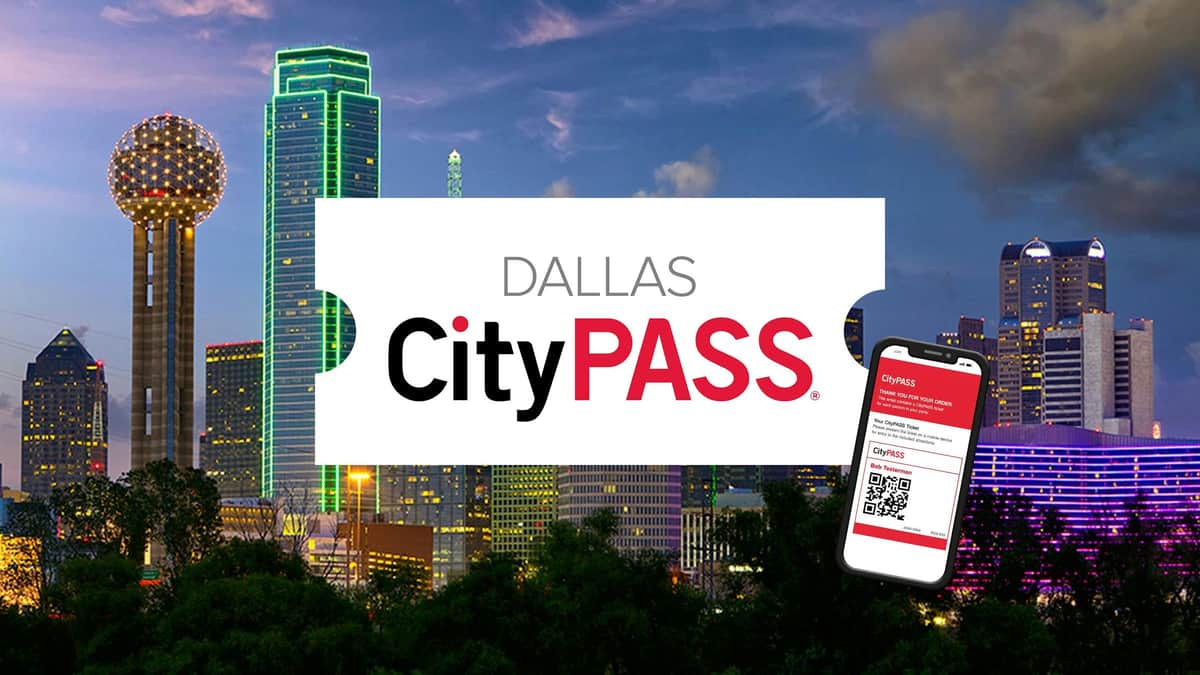 Dallas CityPASS® Dallas CityPASS banner over city skyline at dusk with a mobile phone displaying a digital CityPASS ticket.
