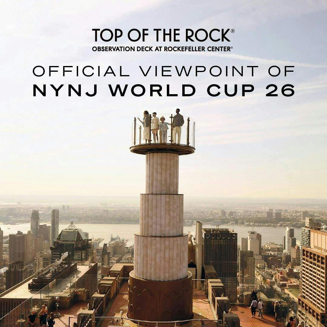 Top of the Rock: Entry Ticket People standing on a tall observation platform overlooking a city skyline, with text promoting the "Top of the Rock."