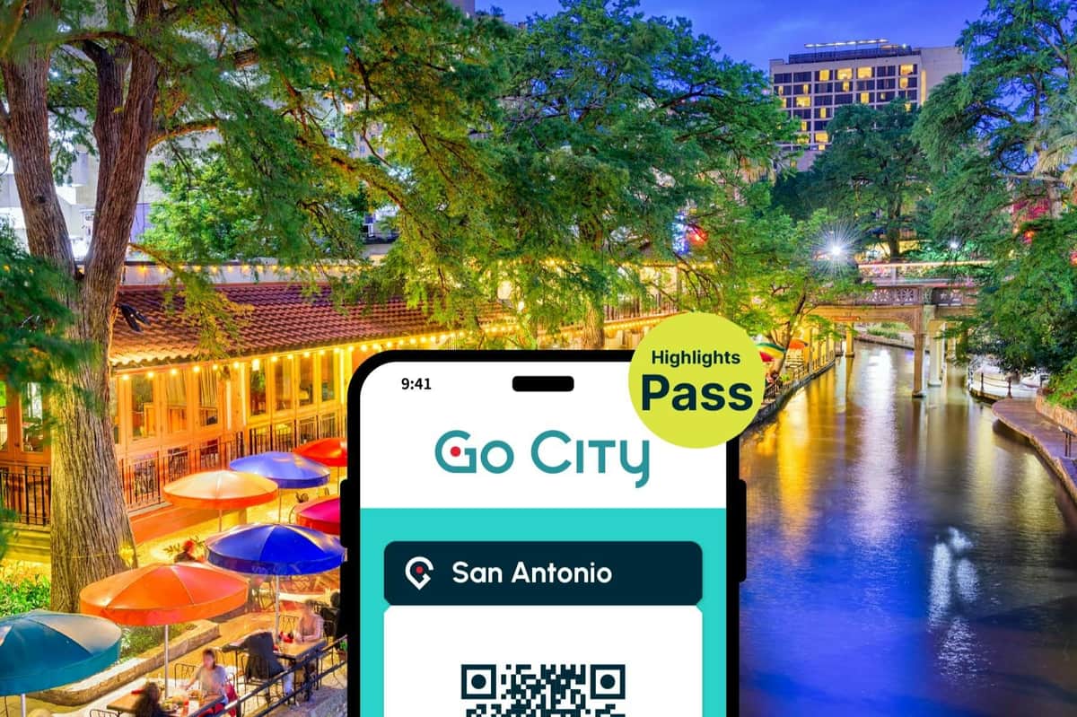San Antonio Highlights Pass A digital pass for San Antonio from Go City displayed on a smartphone screen against a vibrant riverside evening scene.