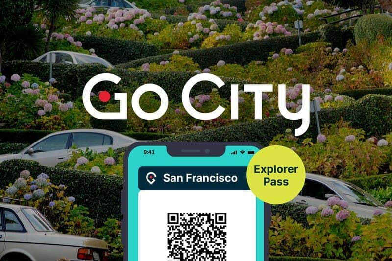 Go City San Francisco: Explorer Pass with 2 to 5 Attractions Go City Explorer Pass for San Francisco displayed on a smartphone with a QR code, against the backdrop of a winding, flower-lined street.
