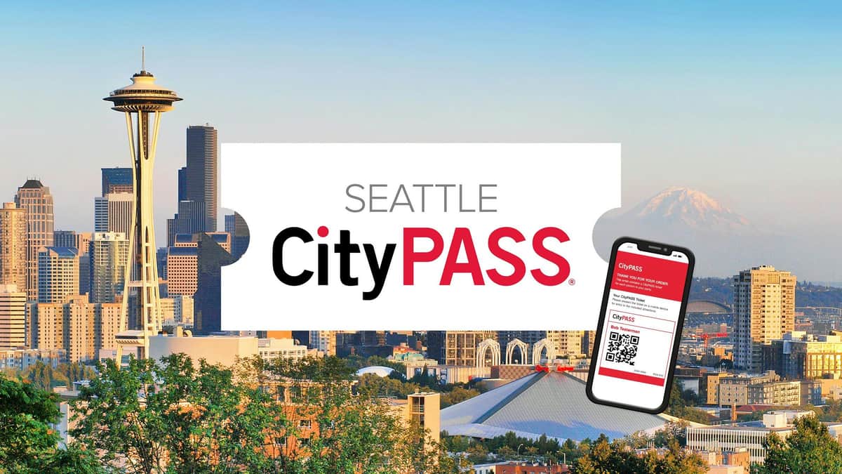 Seattle skyline with CityPASS logo in the center and a smartphone displaying a digital CityPASS ticket on the right side.