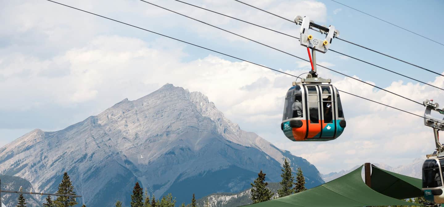 Banff Gondola A gondola lift transports people above a forested area, with a large mountain in the background under a partly cloudy sky.