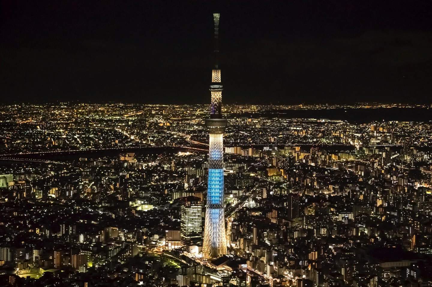 Tokyo Skytree A city skyline at night with a tall, illuminated tower in the center and a vast expanse of lights from buildings and streets.