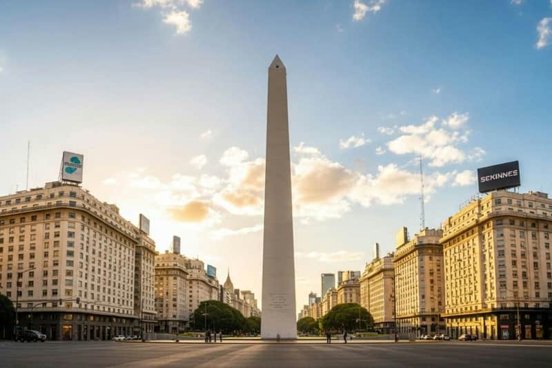 Obelisco de Buenos Aires: Toegangsticket – Obelisco de Buenos Aires (Buenos Aires) Een hoge obelisk op een stadsplein, omringd door gebouwen, onder een gedeeltelijk bewolkte hemel.